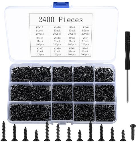 Lot de 2400 petites vis à bois auto-taraudeuses à tête fraisée plate pour l'électronique, le bricolage, le travail du bois - Noir
