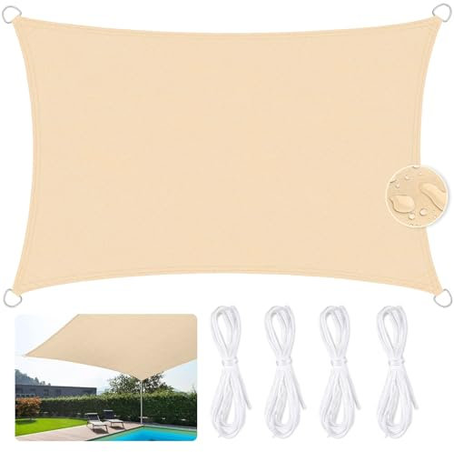 AQXONG Vela de Sombra Rectangular Impermeable 3x5m, 420D Oxford Toldos de Terraza, 95% Resistente a Los Rayos UV, Cortina de Sombra para Piscina, Jardín, Terraza, Parque, Campamento - Beige