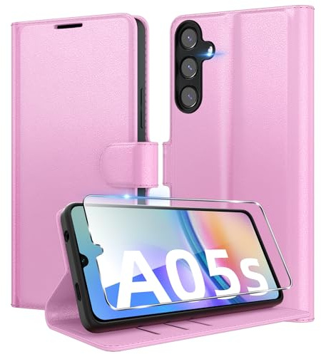 Eirltiy Coque pour Samsung Galaxy A05s + 1 Verre Trempé Protection écran,[Housse Premium en Cuir PU][Fentes pour Cartes][Pochette de Portefeuille],Etui à Rabat pour Samsung A05s - Rose