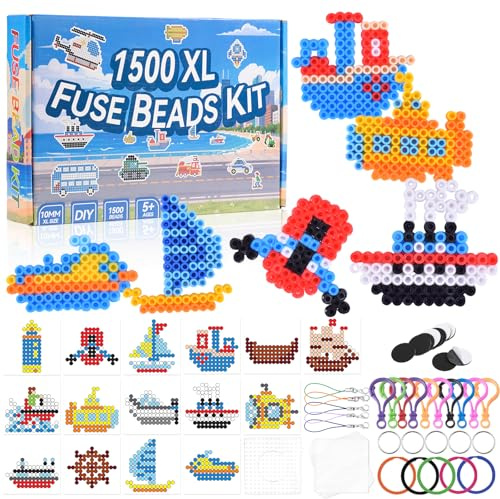1500 Stück 10mm Bügelperlen Set, 12 Bunte Farben XL Steckperlen mit 15 Verkehr im Seeverkehr Thema Muster, Steckplatte, Bügelpapier und Pinzette ab 3 jahre für Kinder Kreatives Perlenset