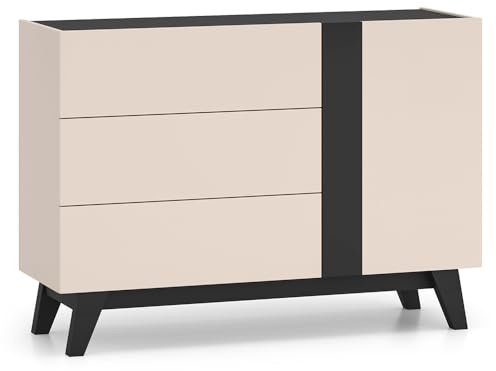 Lomadox Wohnzimmer Kommode 120 cm breit in Kaschmir mit schwarz modern 1 Tür und 3 Schubladen Softclose grifflos Möbelfüße