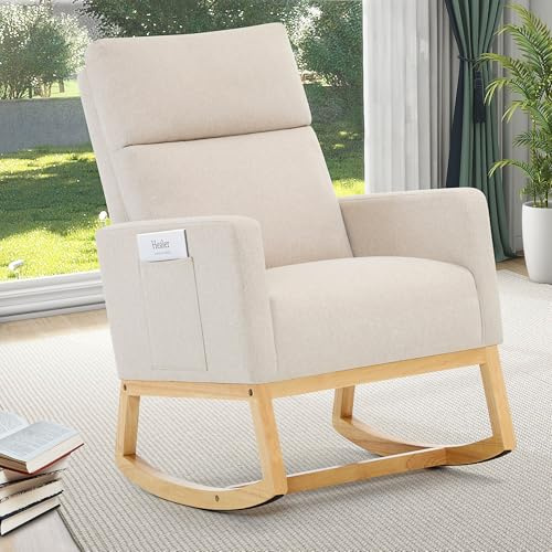 XH.Easy Go Rocking Chair for Nursery,Nursing Chairs for Adults Accent Rocking Linen Chair with HighBack,Side Pockets and Wooden Legs,Comfy Reading Nursery Armchair for Living Room Bedroom,Beige