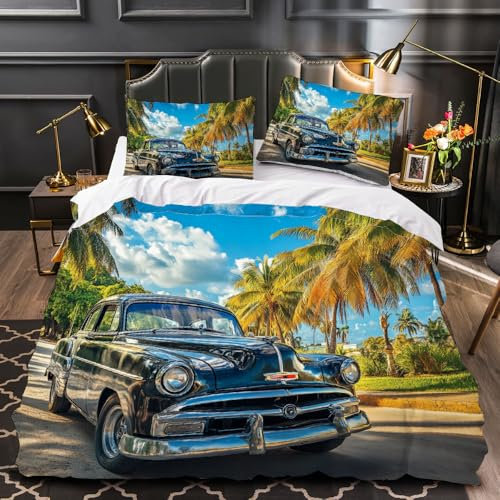 Generisch Bettwäsche 155x220 cm Retro-Autos Bettbezug Kissenbezüge 3D Bedrucktes Bettwäsche-Set Auto Bettbezüge Weiche Mikrofaser-Baumwolle für Teenager Erwachsene (155x220+2 * 80x80)