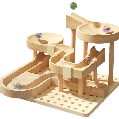 Portable Wooden Marble Track Puzzle Set, 3D Brain Teaser Construction Toy, Roller Coaster Ball Run with Building Blocks for Teens and Adults, Creative Engineering Model Kit for Stress and Skill