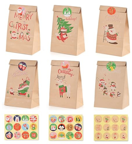HAMOHTE Papiertüten Weihnachten, 24 Stück Adventskalender Tüten zum Befüllen, Klein Weihnachtstüten mit 48 Aufkleber, Braun Kraftpapier Geschenktüten Weihnachts Geschenkverpackung für Xmas Party
