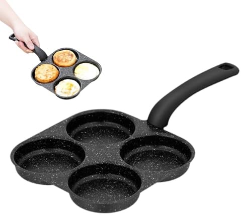 Qubitly Non-Stick Frying Pan with 4 Hole, Egg Frying Pan, Fried Egg Burger with Curved Handle for Breakfast Steak Pancakes Burgers, Black Maifan Stone Coating, 7.9x14.6 Inches
