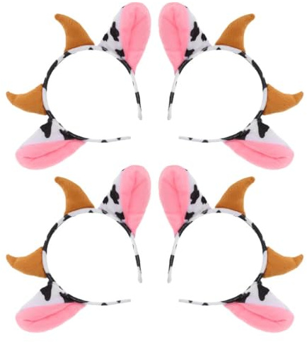 BESPORTBLE Lot de 4 bandeaux de vache avec cornes et oreilles pour soirées à thème, cosplay et spectacles. Design élastique confortable pour toutes les tailles de tête.