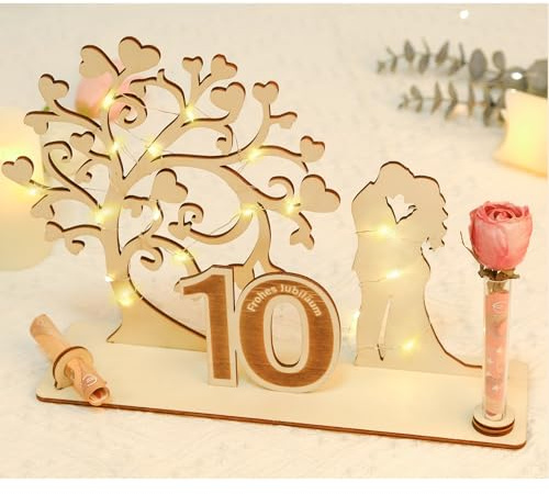 ARTREE Geldgeschenk 10 Jahre Ehe – Rosenhochzeit Holz Deko mit Herzbaum & LED – Geschenkidee zum 10. Hochzeitstag