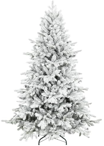 HOMCOM 6ft Snow Flocked Christmas Tree Realistic Tips Hinged Xmas Tree | Wide Shape, Foldable Metal Stand, Easy Assembly, for Home Decor