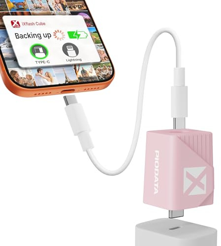 Piodata iPhone Photo Stick Backup: 256GB Data Cube Apple MFi Certified Pink - Auto Backup Storage Type C USB Flash Drive for iPad/Android/Phone