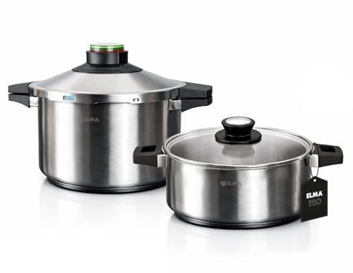 ELMA Prêst Schnellkochtopf Set 4 + 6 Liter, Ø 24 cm | 18/10 Edelstahl, Induktionsgeeigneter Kapselboden, 2 Garstufen, Dreifaches Sicherheitssystem, Glasdeckel Inklusive
