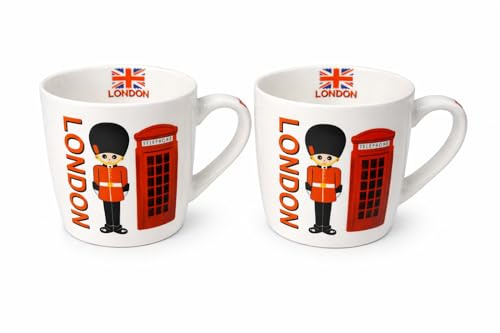 JRose Collections London Souvenir Ceramic Mug Set of 2 – 250ml Tea & Coffee Cups with Royal Guard, Red Telephone Box & Union Jack Design – White British Travel Keepsake Mugs