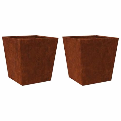Foknhdi Cortenstahl Pflanzkübel 2er Set 50x50x50 cm, wetterfester Hochbeet mit Boden, Moderne Blumenkübel ohne Bohrung, Robustes Gefäß für Garten, Balkon & Terrasse