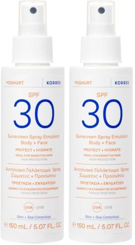 KORRES YOGHURT Sonnenspray-Emulsion für Gesicht & Körper SPF30, schnell einziehend, spendet lang anhaltende Feuchtigkeit, wasserresistent, 150 ml (Packung mit 2)