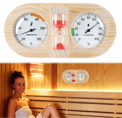 Hojalis Sauna Thermometer Hygrometer Holz, 2 in 1 Sauna Uhr Sanduhr, Doppelzifferblatt Sauna Thermometer Digital, Saunathermometer Holz für Saunaraum Dampfbad Werkstatt Lager Schule Markt