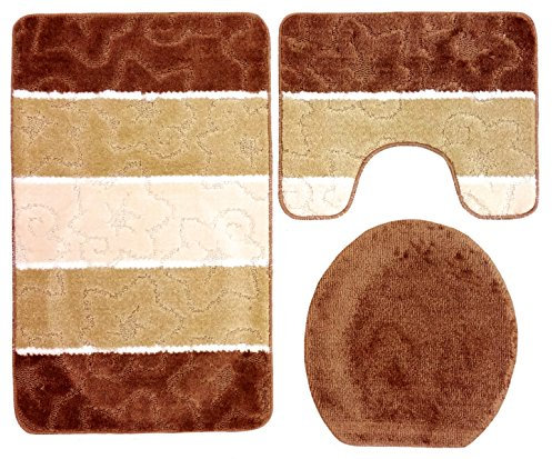 Orion Badgarnitur 3 TLG. Set 50x80 cm Mehrfarbig gestreift, WC Vorleger mit Ausschnitt für Stand-WC (Hellbraun beige Creme)