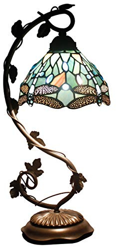 WERFACTORY Tiffany Lamp Sea Blue Stained Glass Dragonfly Style Desk Reading Light, Metal Leaf Table Lamp Base 8X10X21 Inches Decor Small Space Bedside Bedroom Home Office S147 Series