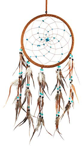 Pink Pineapple Dreamcatcher mit Federn: Handgemachter Traumfänger Veganer Wildleder mit Türkis Steinen - Vielen Farben - Großer Traumfanger Mit 22 cm Durchmesser und 60 cm Lang (Braun)