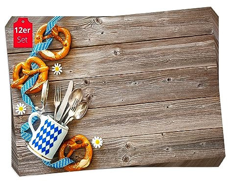 Tischset I Platzset - Bayern Motiv mit Brezeln, Bierkrug und weiß-blauem Band - 12 Stück 44 x 32 cm aus Premium Naturpapier - die besondere Tischdekoration fürs Weisswurstfrühstück oder Oktoberfest