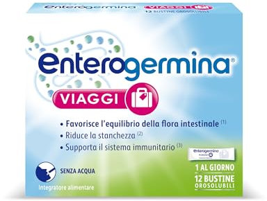 Enterogermina Viaggi, Vitamina b12, Vitamina d, Fermenti Lattici Probiotici, per Adulti - Integratori per Flora Intestinale in Viaggio, Stanchezza e Sistema Immunitario (12 Bustine Gusto Fragola)