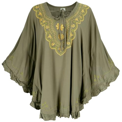 GURU SHOP Bestickter Hippie Poncho, Tunika, Kaftan, Strandkleid, Maxi Größe - Khaki, Damen