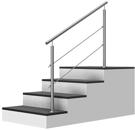 Edelstahl Treppengeländer Aufmontage, 1,9m lang, 0,9m hoch, Außengeländer, je 2 Pfosten + 2 Querstreben + Handlauf mit Trägerplatten + Zubehör, Winkelverstellbar (L:1900mm H:900mm)