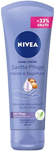 NIVEA Sanfte Pflege Hand Creme (100 ml), reichhaltige Hautcreme mit Macadamia-Öl und Lotus Blüte, intensive Handpflege für geschmeidige Hände und Nagelhaut.