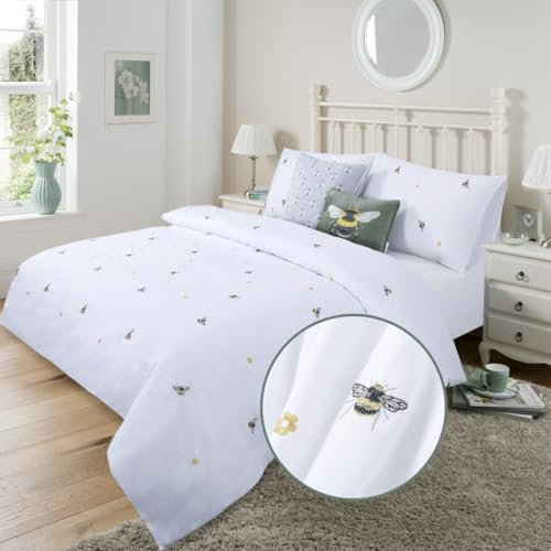 YINFUNG King Size Duvet Cover Sets Bumble Bee Embroidered White Bedding Polycotton Duvet Cover Sets Breathable Cute Quilt Cover with 2 Pillow Cases (White, King 230x220 cm)