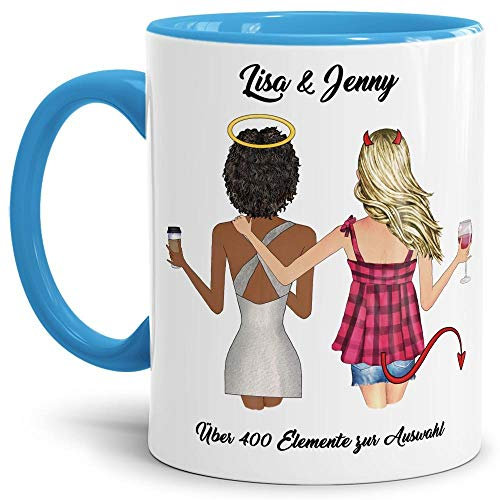 Personalisierbare Tasse - Beste Freundinnen - zum selbst Gestalten mit Spruch und Wunschnamen als anpassbares Geschenk für die Beste Freundin - Innen & Henkel Hellblau, 300 ml
