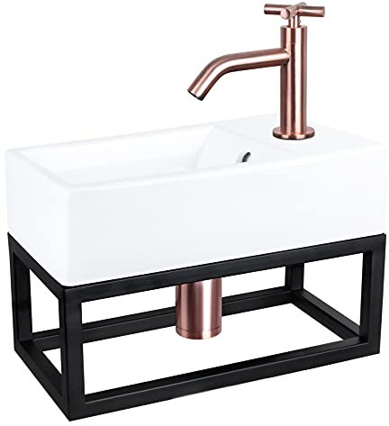 Differnz Force Waschbecken mit Handtuchhalter - Waschtisch Keramik Weiß - Geschwungene Armatur mit Kreuzgriff Rotkupfer - Komplett-Set - 40 x 22 x 11,5 cm