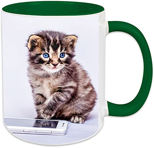 Ocadeau Mug céramique Blanc et Vert foncé personnalisé Photo – Mug Blanc avec intérieur et Anse Vert foncé – Impression Photo sur ce mug - Tasse Personnalisable