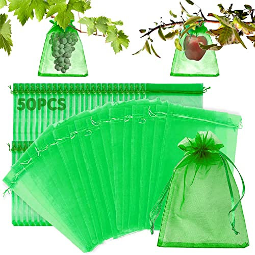 50PCS Traubenschutzbeutel,Obst Schutzbeutel Organzabeutel,Trauben Schutzbeutel mit Zugband,Weintrauben Schutzbeutel,Netz für Weintrauben,Organzasäckchen Kordelzug,Schützen Sie das Obst (grün/50)