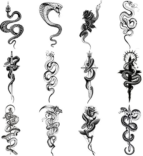 12 Feuilles Tatouages Temporaires Serpent, Faux Autocollants Tatouage pour Hommes, Tatouages Temporaires Mangemort, Adaptés au Tatouage Temporaire Vous-Même(Serpent)