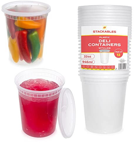 STACKABLES ~ Pack of 12 Round Food Storage Soup Containers (32oz - 946ml) ~ Plastic Deli Container Set with Lids ~ Reusable Takeaway Meal Tubs Microwave & Dishwasher Safe.