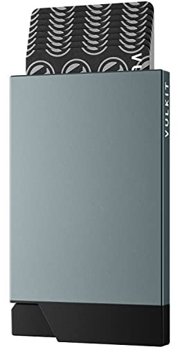 VULKIT Porte Carte Homme ou Femme Metallique Portes Cartes Bancaires Sécurisé Slim Porte Carte de Credits RFID Étui Rigide Pop Up pour 6-8 Cartes, Gris Sidéral