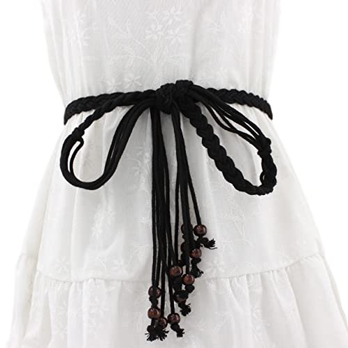 FAIRYGATE Black Rope Belt Ladies Belts for Pants Dresses Women's Thin Trendy Boho Waistband Tassel Braided Waist Belt A0906