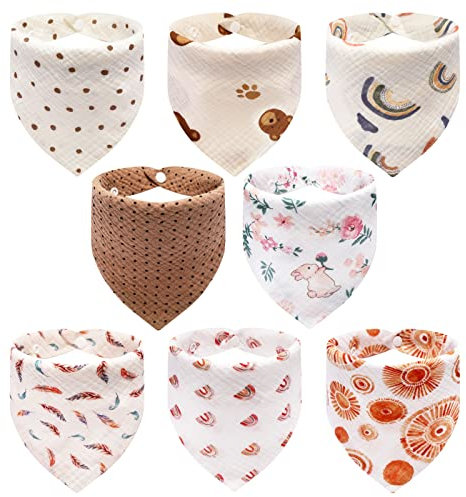 AUPOWER Baby Dreieckstuch Lätzchen 8 Stück, Weiche & Absorbierende Musselin Halstücher, Sabberlätzchen Baby mit 2 Verstellbares Ruckknöpfe, Lätzchen Baby für Jungen, Mädchen Neugeboren, Unisex