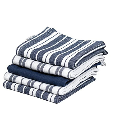 Blackmoor Set of 5 Tea Towels/Soft and Super Absorbent Kitchen Dish Towels/Grey or Navy Stripe Design / 50 x 70cm (Navy)