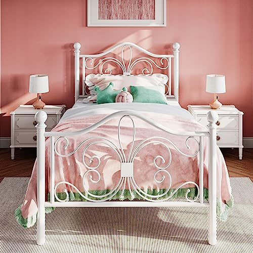 SHA CERLIN Twin Size Metal Bed Frame with Butterfly Headboard, White