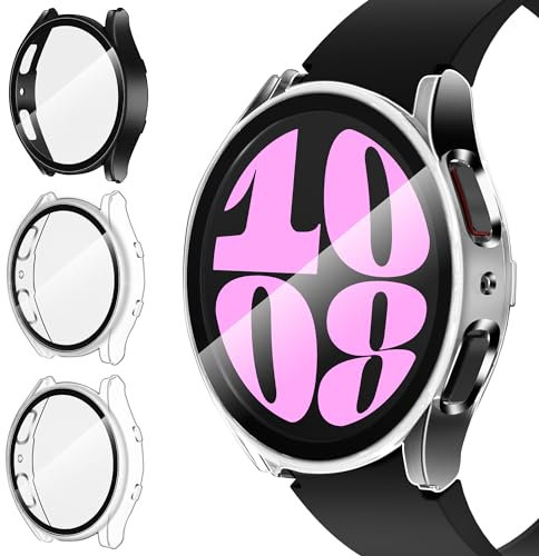 iVoler 3 Piezas Funda para Samsung Galaxy Watch 6 44mm, Protección Completa Protector de Pantalla de Cristal Vidrio Templado Duro PC Anti-arañazos Carcasa, 2 Transparente + 1 Negro