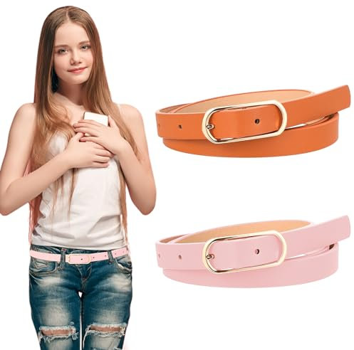 Andibro Verstellbarer Leder Taillengürtel, dünner Taillengürtel schmaler Ledergürtel mit Legierungs Dornschnalle für Kinder Mädchen(Rosa + Kamel)