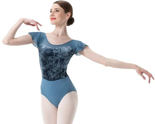flexdans Damen Ballettanzug, Ballett Trikot Ballettbody Tanz Body Gymnastikanzug Trikot Kurzarm Bodysuit für Erwachsene (D037-Blau-S)