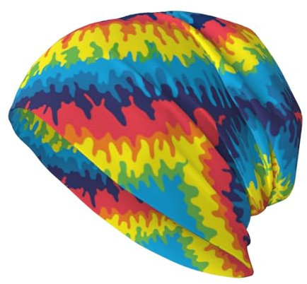 EgoMed Totenkopf-Mütze, Strickmütze, Polyester-Sturmhaube, Slouchy-Beanie-Mütze, Laufmütze, Herz-Liebe-Regenbogen-Batikfärbung