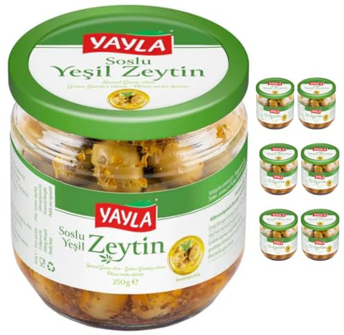 Yayla, entkernte Grüne Oliven , mariniert , Oliven in einer Glasflasche , grüne Oliven mit Soße 250g x 7 Stück