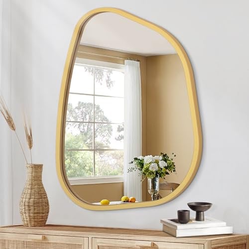 Miroir d'accent asymétrique pour le mur Cadre en bois ovale irrégulier Miroir mural unique Miroir mural décoratif Salle de bain Salon Chambre Entrée Doré