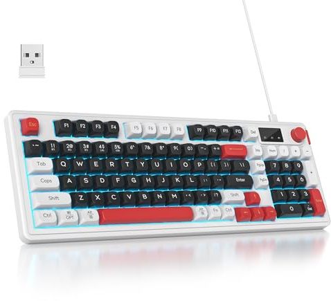 Owpkeenthy Teclado para juegos de 98 teclas con perilla, 96 % de junta, inalámbrico, silencioso, sensación mecánica, teclado de membrana RGB de 3 modos con cable/Bluetooth 5.0/2.4G para computadora