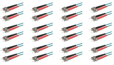 SpeedyFiberTX Glasfaserkabel ST auf ST Patchkabel, 12er-Pack, 250m, Rote und schwarze Stecker, Corning ClearCurve Multimode OM4 50/125um Glasfaser, Duplex LSZH Kabelmantel Türkis (Aqua)