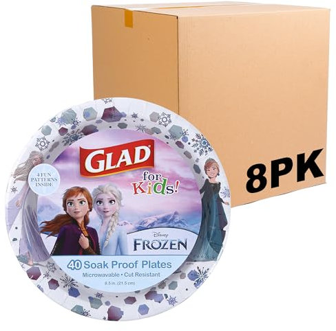 Glad Piatti di carta Disney Frozen da 21,6 cm, piatti di carta Disney Frozen, piatti per snack per bambini, piatti di carta Anna ed Elsa per uso quotidiano, piatti di carta da 21,6 cm, 40 pezzi,
