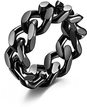Dsnyu Ringe Ketten Herren, Ringe Schwarz Breit Edelstahl Massiv Panzerkette Verlobungsring 8mm Breit Gothic Bandring Punk Größe 54 (17.2)