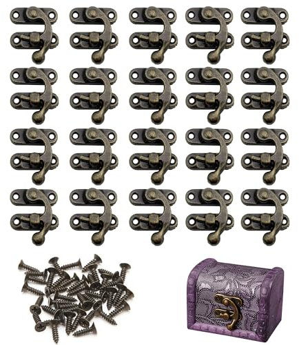 20Pcs Antique Right Latch Hook Mini Box Clasp Bronze Turn Button Latch Vintage Style Lock Latches Swing Lock Clasp with Matching Screws for DIY Wine Gift Jewellery Wooden Boxes Decoration